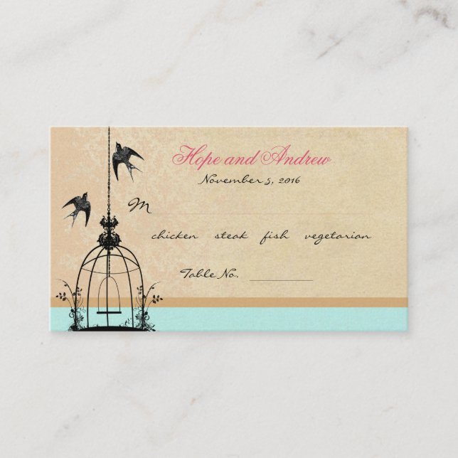 Vintage Bird Cage Place Card with Menu Selection (Front)