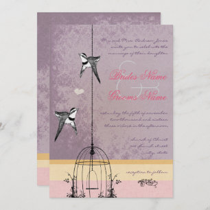 Vintage Bird Cage Purple Gold Pink Wedding Invitation