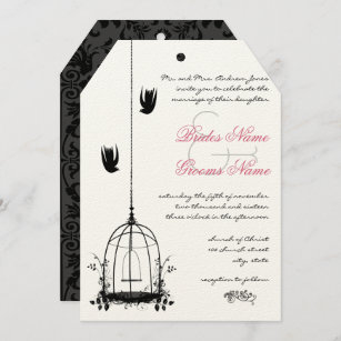 Vintage Bird Cage Red Accents Damask Wedding Invitation