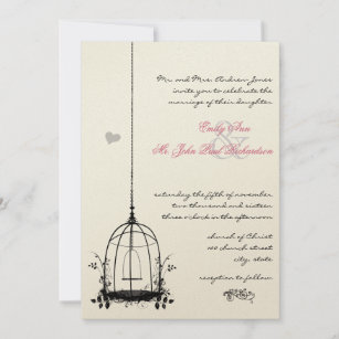 Vintage Bird Cage Red Accents Wedding Invitations