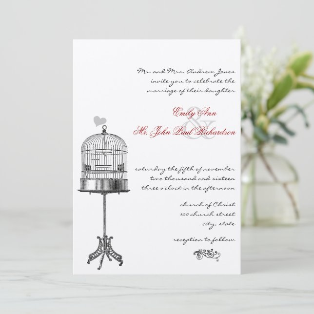 Vintage Bird Cage Red Accents Wedding Invitations (Standing Front)