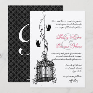 Vintage Bird Cage Red Accents Wedding Invitations