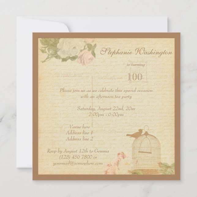 Vintage Bird Cage & Roses 100th Birthday Invitation (Back)
