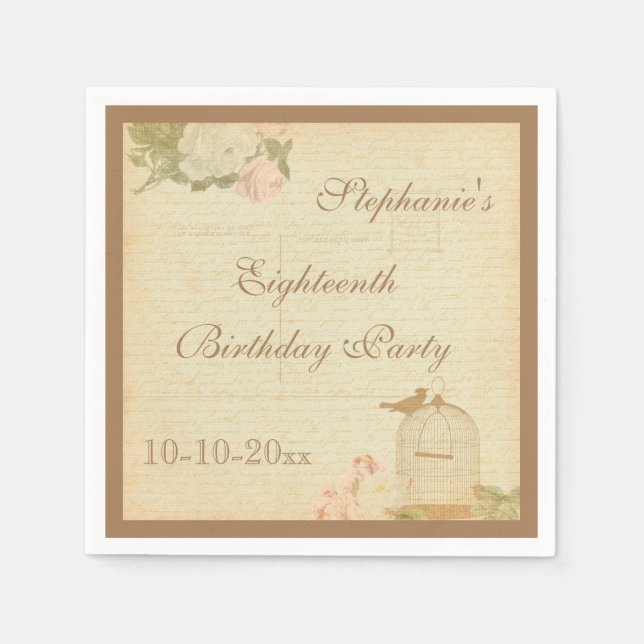 Vintage Bird Cage & Roses 18th Birthday Napkin (Front)
