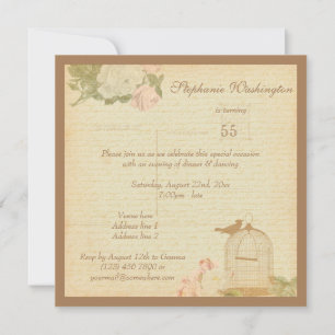 Vintage Bird Cage & Roses 55th Birthday Invitation