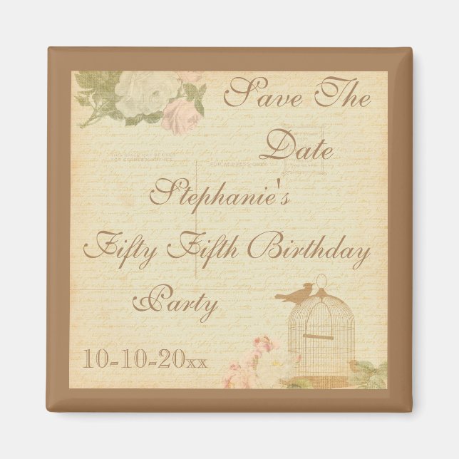 Vintage Bird Cage & Roses 55th Birthday Magnet (Front)