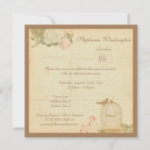 Vintage Bird Cage & Roses 85th Birthday Invitation