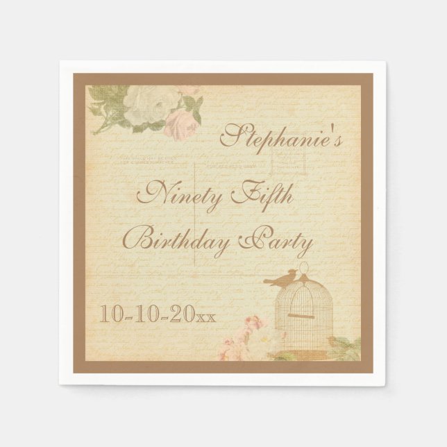 Vintage Bird Cage & Roses 95th Birthday Napkin (Front)