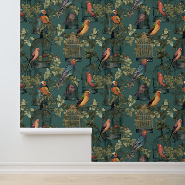 Vintage Bird Cage Sage Green Wallpaper (Application)