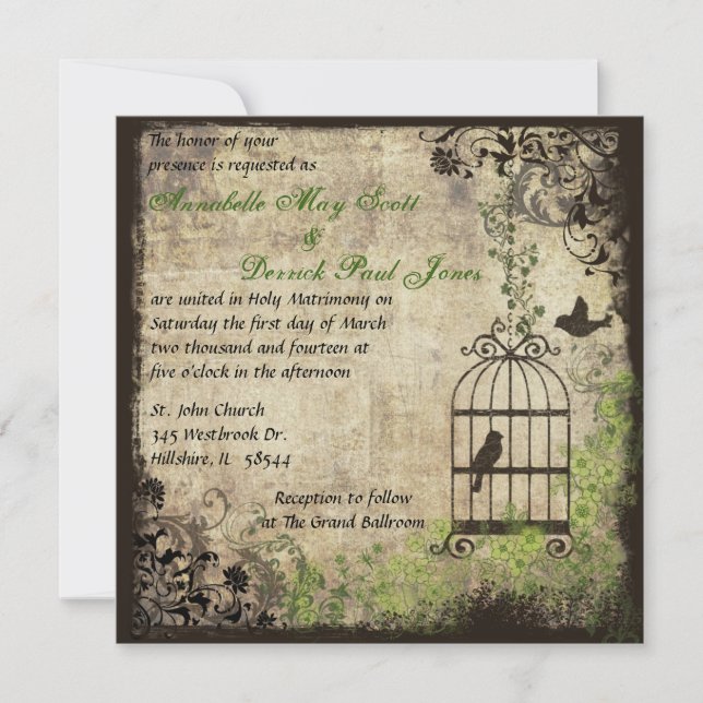 Vintage Bird Cage Wedding Invitation (Front)