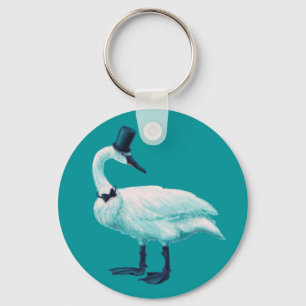 Vintage Bird Chic: Gentleman in Bow Tie Top Hat Key Ring