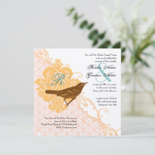 Vintage Bird Coral Gold Aqua Endive Damask Wedding Invitation