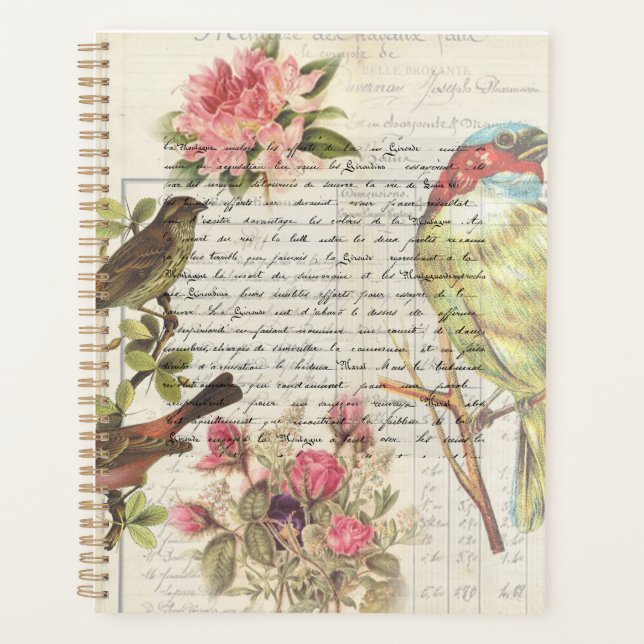Vintage Bird Decoupage Botanical  ephemera Planner (Front)