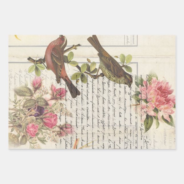 Vintage Bird Decoupage Botanical ephemera Wrapping Paper Sheet (Front)