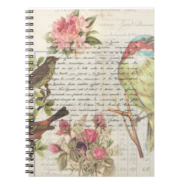 Vintage Bird Decoupage Botanical  Grosgrain Ribbon Notebook (Front)