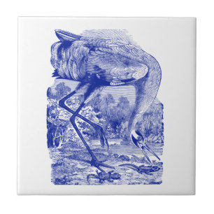 Vintage Bird Drawing Blue Whooping Crane Tile