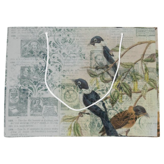 Vintage Bird Ephemera Decoupage Large Gift Bag (Front)