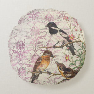 Vintage Bird Ephemera Decoupage  Round Cushion