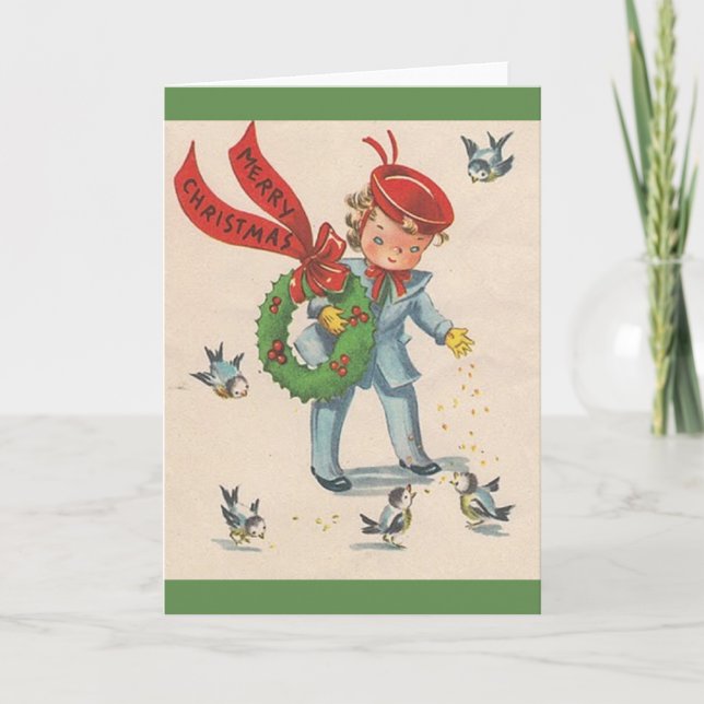 Vintage Bird Feeding Christmas Card (Front)