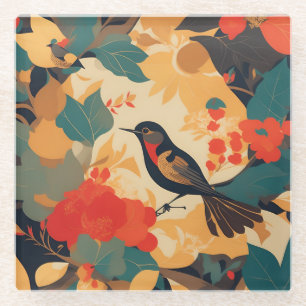 Vintage bird floral leaves glass coaster