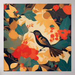 Vintage bird floral leaves poster