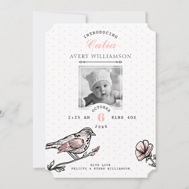 Vintage Bird Florals Black Pink Birth Announcement (Front)