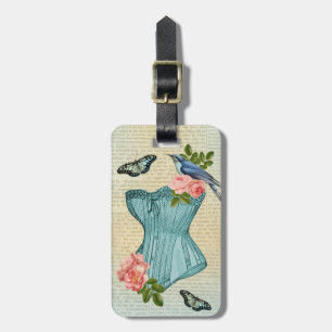 Vintage bird, flower & butterfly luggage tag