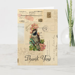 Vintage Bird Flowers French Thank You Card