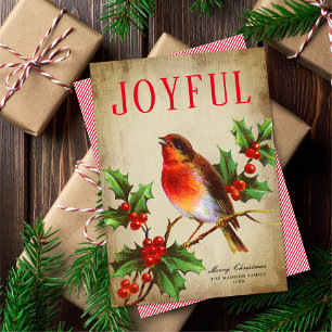Vintage Bird + Holly Leaves Non-Photo Holiday Card
