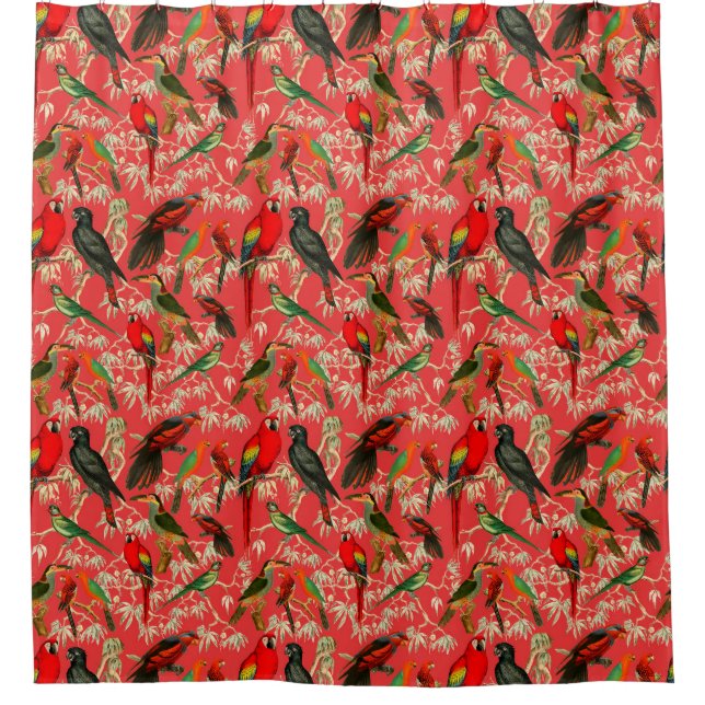 Vintage bird illustration pattern - pink shower curtain (Front)