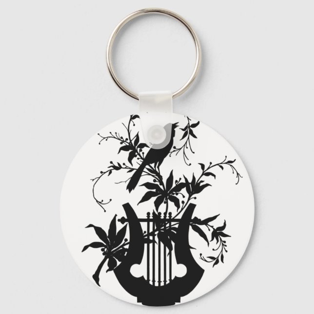 Vintage Bird & Lyre Silhouette | Botanical Musical Key Ring (Front)