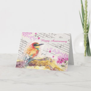 Vintage bird on tree pink flowers decoupage   card