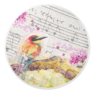 Vintage bird on tree pink flowers decoupage ceramic knob