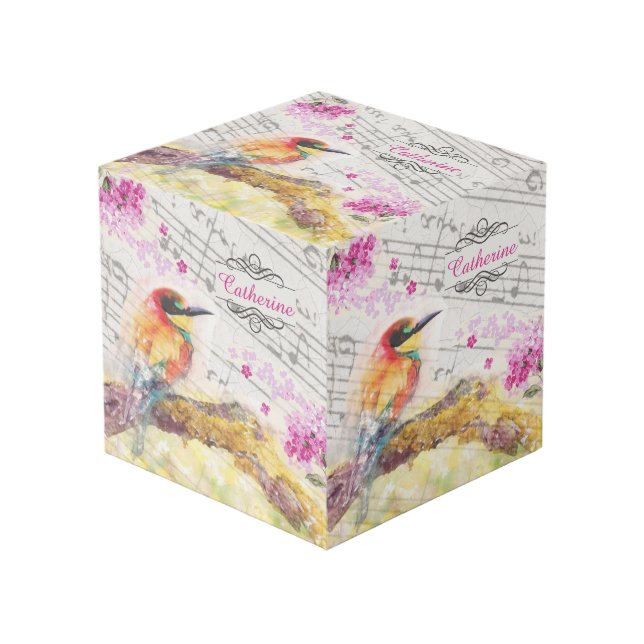 Vintage bird on tree pink flowers decoupage  cube (Front Angled)
