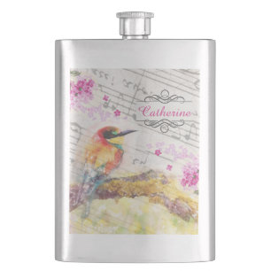 Vintage bird on tree pink flowers decoupage hip flask
