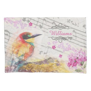 Vintage bird on tree pink flowers decoupage   pillowcase