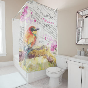 Vintage bird on tree pink flowers decoupage shower curtain