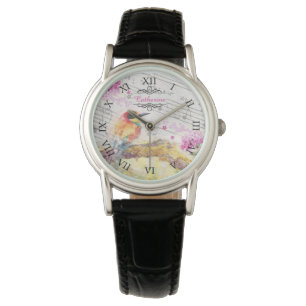 Vintage bird on tree pink flowers decoupage watch