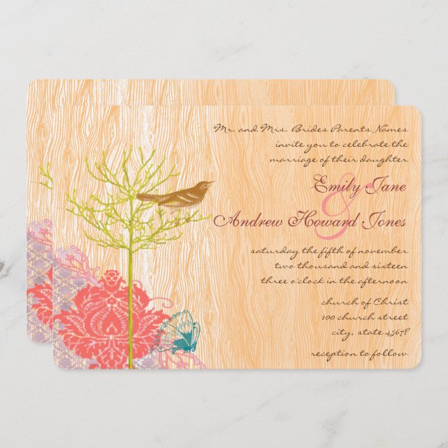 Vintage Bird on Wood Grain Wedding Invitation (Front/Back)