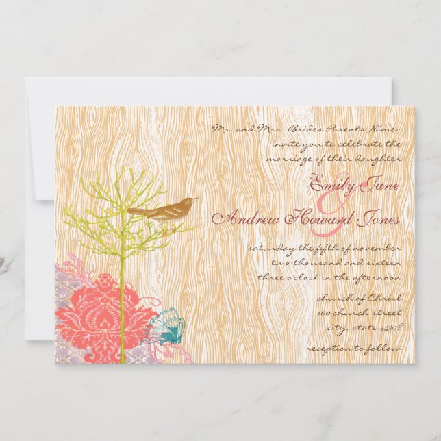 Vintage Bird on Wood Grain Wedding Invitation (Front)