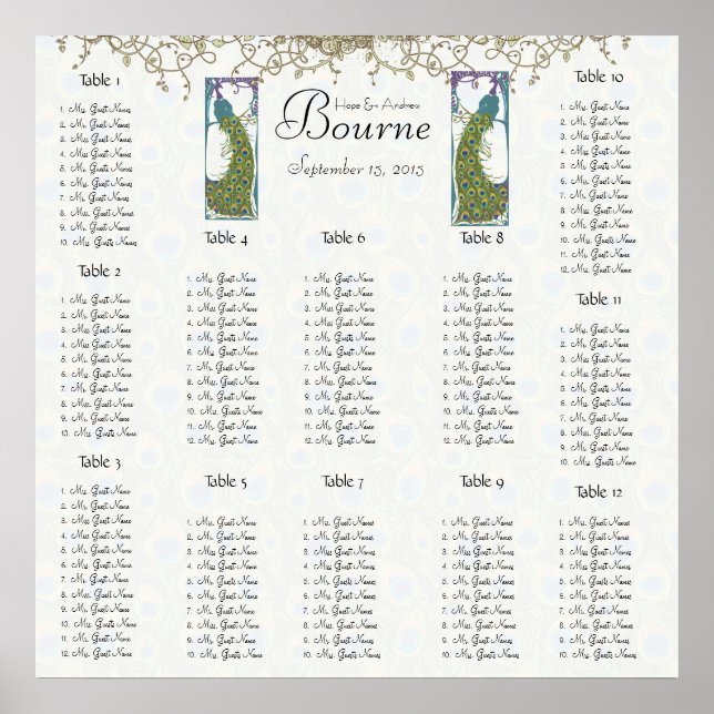 Vintage Bird Peacock Seating Chart 12 Tables (Front)