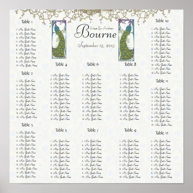 Vintage Bird Peacock Seating Chart 12 Tables (Front)
