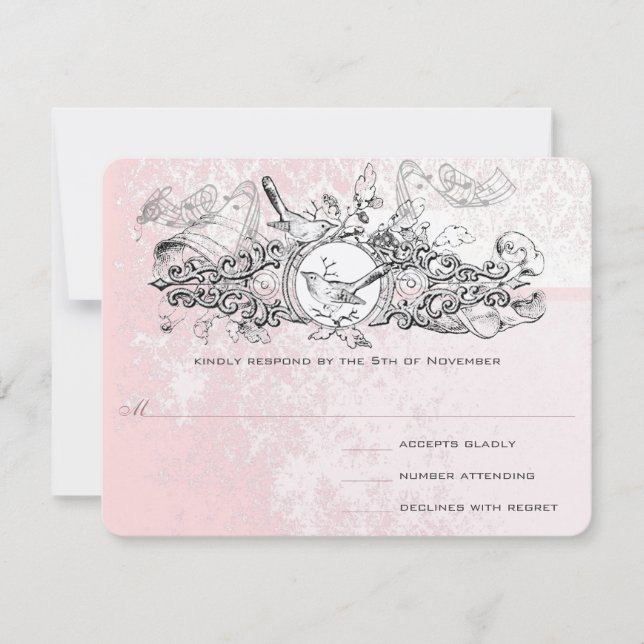 Vintage Bird Pink Musical Scroll Wedding RSVP Card (Front)