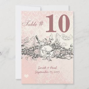 Vintage Bird Pink Musical Scroll Wedding Table No. Invitation