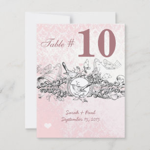 Vintage Bird Pink Musical Scroll Wedding Table No. Invitation