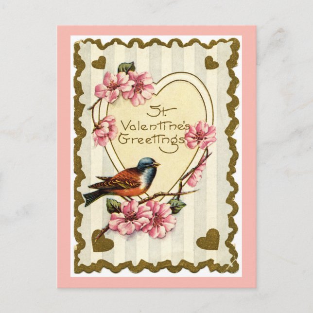 Vintage Bird Pink Valentine Postcard (Front)