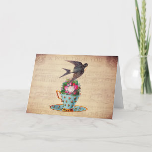 Vintage Bird, Roses, and Teacup Card