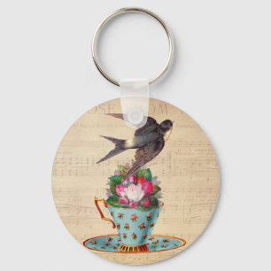 Vintage Bird, Roses, and Teacup Key Ring