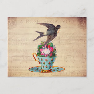 Vintage Bird, Roses, and Teacup Postcard