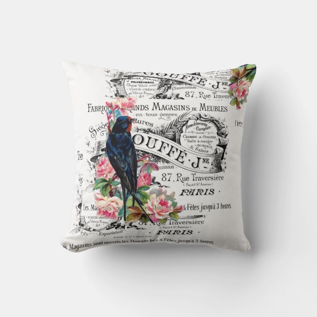 Vintage Bird, Roses, Paris Pillow (Front)
